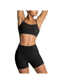 Golf Outfit Women Gym Set Women's Workout Sets 2 Piece Yoga Outfits High Waisted Yoga Leggings Shorts And Sports Bra Gym Clothes Tracksuit Sport Bras+ Sport Short, Yoga Sets Women Vacation Outfits Women,Conjuntos Deportivos De Mujer - 黑色 - 查看 4