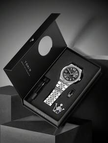 TOMI Men's Quartz Watch With Crown Brooch Ring, Stainless Steel Strap, Honeycomb Dial, Calendar, Suitable For Daily Life, Business Events, Father's Day, Valentine's Day, Christmas, Gift Set - Silver - View 7