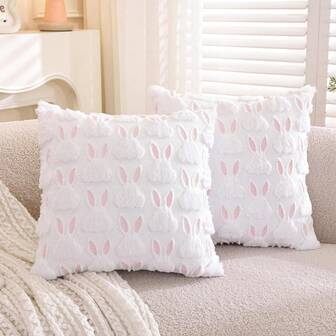 1pc Easter Decoration, Pink Ear, White Rabbit, Soft Fluffy Faux Wool Decor Farmhouse Style Throw Pillow Cover, Suitable For Sofa, Home Decor, Living Room, Bed, Holiday Decoration