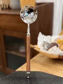 [7.8-Inch Extended Handle]Stainless Steel Imitation Wood Grain Dinner Spoon, Deep Soup Spoon, Dessert Spoon, Coffee Stirring Spoon. Suitable For Cereal/Dessert/Soup/Tall Cup Drinks. Durable Tableware For Home, Restaurant, And Café - Silver - View 4