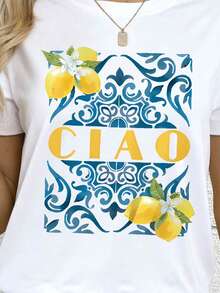 CIAO & Lemon Print Graphic T-Shirt, Casual Round Neck Short Sleeve Tee For Women, Plus Size, Back To School, Fall - White - View 2