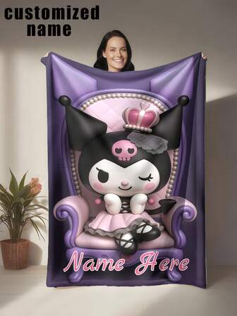Sanrio 1pc Cartoon Custom Name Blanket , Soft Warm, Customizable Name, Contemporary Anime Theme, Soft Composition, Knitting Weaving, Hand Wash Only, Multipurpose, For Bed, Sofa, All Seasons Best Kids Blanket, Cozy Blanket, Family Gift, Birthday Gifts, Christmas Gifts ,Personalized Gifts