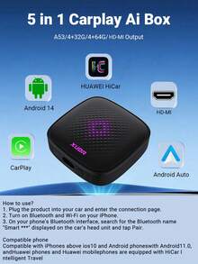 XUDA 新款五合一 Carplay Ai Box 支持 Hdni 高清输出、Android 14/Carplay/Android Auto/HiCar，并支持在四种操作系统之间切换 4+32GB/4+64GB 提供高性能、多功能、稳定流畅运行不间断，以及内置应用程序 - 黑色 - 查看 3