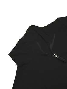 Bộ đồ nữ màu trơn 2 mảnh: Áo hoodie dài tay cổ kéo khóa nửa thân và quần ống đứng xẻ tà có dây rút, màu đen, thích hợp cho mùa xuân. - màu đen - Xem 3