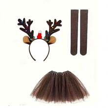 3件套圣诞鹿角头饰，包括薄纱裙、袜子、铃铛鹿角发夹、闪光鹿角头饰和可爱派对头饰 - 彩色 - 查看 9