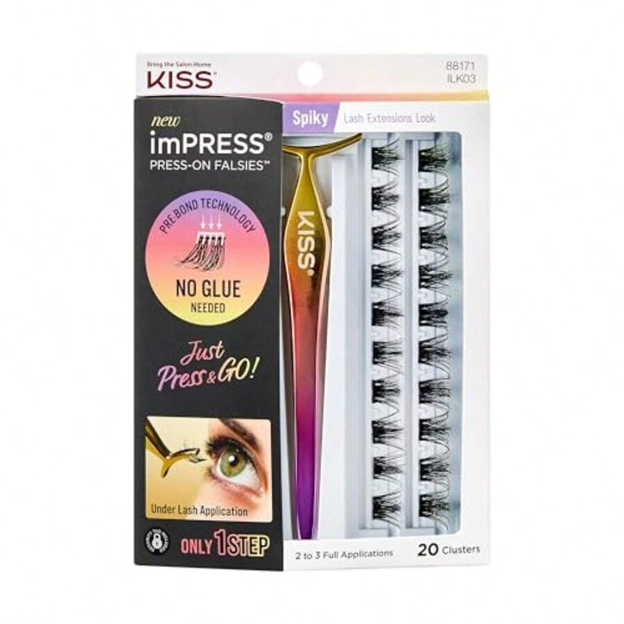 Extensiones de pestañas Falsies imPRESS Press on kit de pestañas postizas naturales sin residuos sin necesidad de pegamento fácil aplicación 20 clusters incluye pinzas aplicadoras - Negro - Ver 1