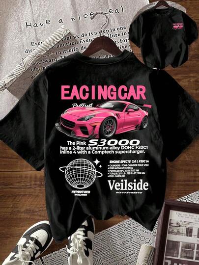 TaskSense Camiseta de manga corta con cuello redondo, estampado de eslogan y coche, de estilo casual para mujer