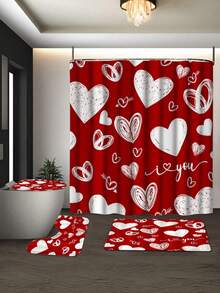 Bộ trang trí phòng tắm ngày lễ tình nhân, bao gồm rèm tắm bằng polyester dệt chống thấm nước theo chủ đề nghệ thuật, thảm tắm chống trượt, thảm hình chữ U, nắp bồn cầu và 12 móc - Bộ phụ kiện trang trí nhà họa tiết trái tim lãng mạn, kích thước 71x71 inch - Nhiều màu - Xem 5