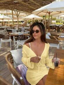 Áo khoác ngoài đi biển nữ FOR BEAUTY phong cách Y2K mùa hè, màu trơn, thiết kế cut-out, cổ bẻ, áo sơ mi đi biển, đồ nghỉ dưỡng, lễ hội, casual chic top - Màu vàng - Xem 8