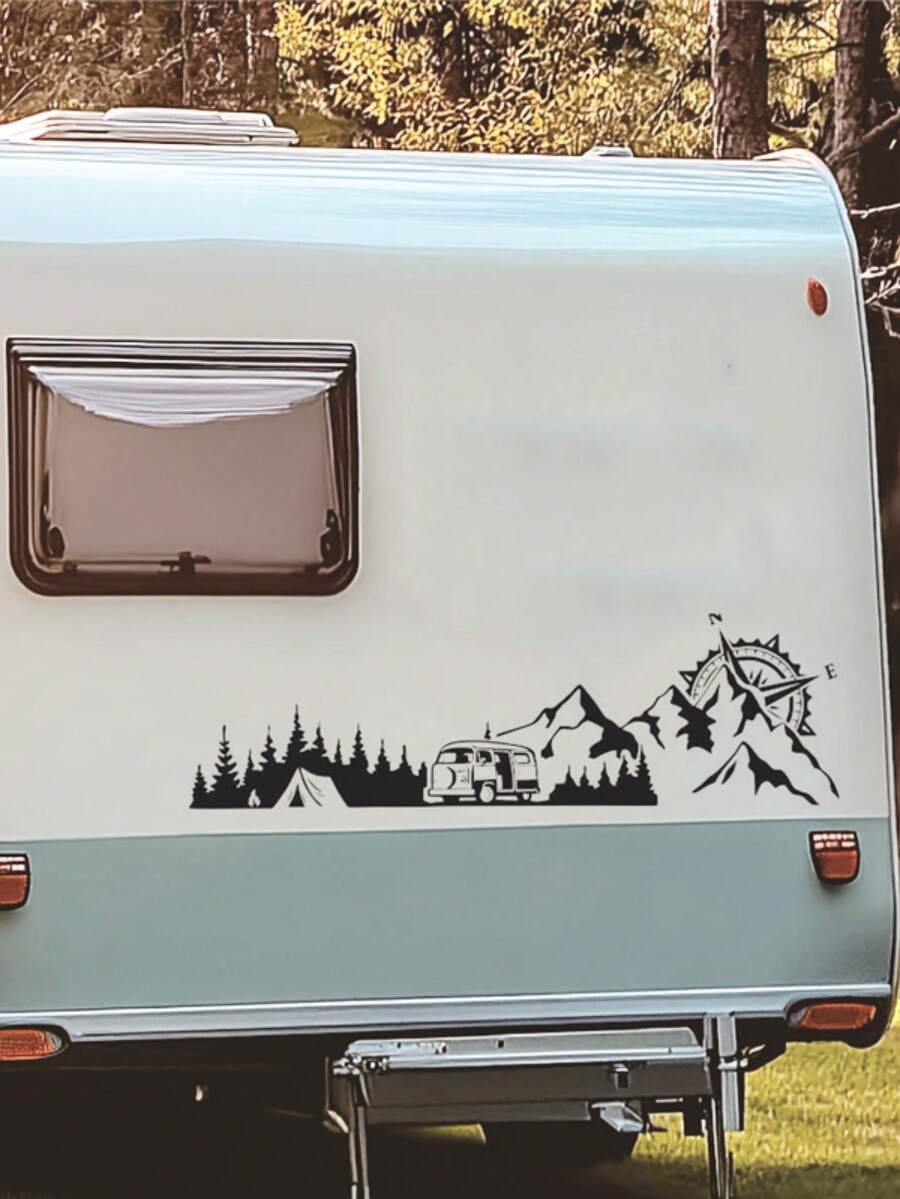 1 Stück Outdoor Abenteuer Camping Kompass Berg Großer Grafik Vinyl Aufkleber, wasserfester glänzender selbstklebender Aufkleber für Wohnmobil, Autokarosserie Dekoration, einfach anzubringen und zu entfernen SS015 - Verschiedenfarbig - Übersicht 1