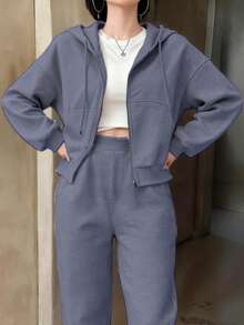Set de 2 piezas de mujer con sudadera con capucha y pantalones de chándal de unicolor, para otoño/invierno - Gris - Ver 1
