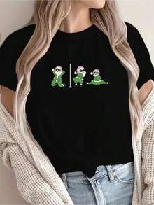 Camiseta informal de mujer con estampado de elfo navideño, cómoda camiseta de manga corta y cuello redondo, adecuada para primavera y verano, fiestas navideñas y conjuntos de invierno, apta para cualquier ocasión, color liso, estilo informal, fiestas navideñas, Día de San Patricio, reuniones familiares, uso diario. - Negro - Ver 1