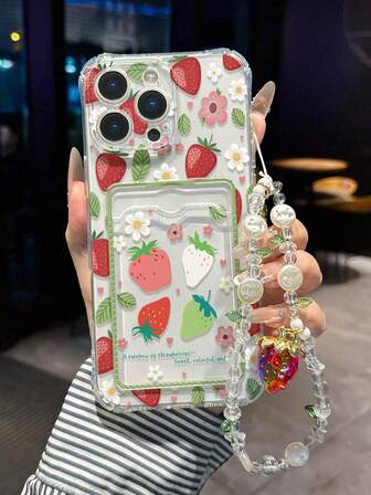 草莓彩绘透明卡包多功能卡包，带腕带，加厚防摔手机保护壳，兼容 17/17Pro/17ProMax、16/11/16Pro/16Plus/16ProMax/16e、15ProMax、13/14/12/XS/XR/7G/8P、Galaxy 11/12Pro/12/12X/13Pro/14Pro/15Pro/X3pro、Redmi 10/9/Note9/12c/Note11pro/Note8Pro/9C/9a