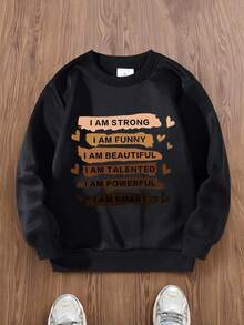 Young Girls Motivational Slogan & Heart Graphic Print Casual Crew Neck Long Sleeve Sweatshirt, Autumn/Winter - Black - View 3