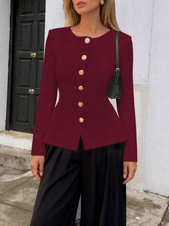 Vintage Chic Fashionable Metal Button Down Open Front Solid Color Long Sleeve Round Crew Neck Thin Cardigan, Slim Modest Elegant Minimalana Casual Knit Sweater For Women, Spring Autumn Winter