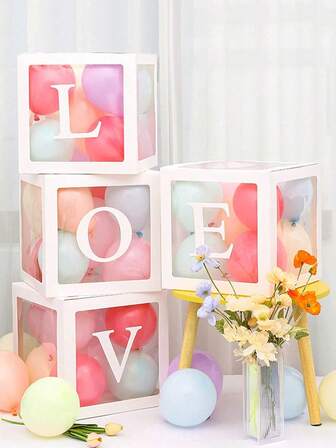 4pcs/Set Transparent Balloon Box With LOVE & BABY Letter Decor - For Romantic Decor, Proposal,Gender Reveal, Wedding, Anniversary Celebrations, Valentine'S Day & Engagement Party Scene Arrangement Decorations (No Balloons)