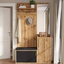 Compact Wardrobe With Mirror And Bench, Hallway Wardrobe With Shoe Cabinet And Hooks, Coat Hooks, Compact Wardrobe, Hallway Furniture Set, Hallway Wardrobe In Wood Look - Natural Color - View 2