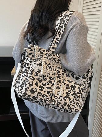 女士豹纹灯芯绒手提包，时尚大容量，多口袋设计，配有可拆卸可调节肩带，适合休闲、购物、旅行、商务、校园、聚会、送礼等场合。