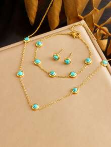 1 Set Stainless Steel Round Turquoise Pendant Bohemian Style Gold Necklace Bracelet Earrings Jewelry Set, Suitable For Daily Wear And Gift - Yellow Gold - View 9