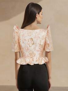 女士荷叶边蝴蝶袖方领提花薄款外套 - 淺粉色 - 查看 2