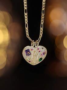 1pc Stainless Steel Chain With Cubic Pendant, Decorated With 3D Colorful Crystal Heart Design | Vintage Fashionable Minimalist Unisex Necklace, Suitable For Couples Everyday Wear Or Street Party Occasions - Gold - View 9