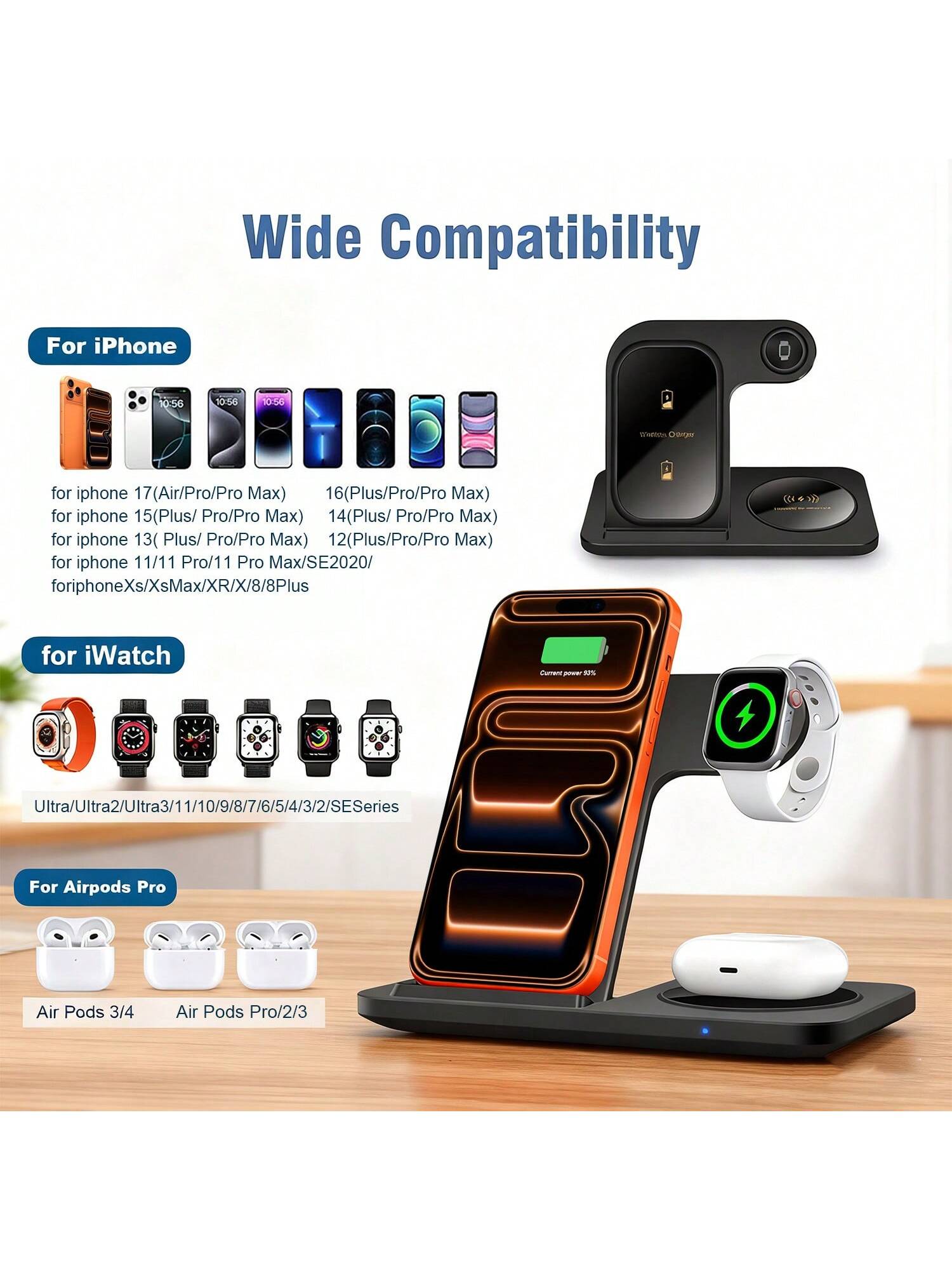 حامل شحن لاسلكي ثلاثي الوظائف قابل للطي بقوة 15 وا...