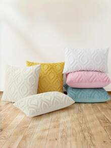 1 PC Pink Geometric Textured Pillow Cover, Minimalist Style Plush Square Cushion Cover With Fluffy Detail - Ideal For Winter, Living Room, Office & Car Decor, Daily Use - Pink - View 7