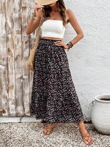 Falda maxi de cintura alta con volantes y estampado floral negro tipo ditsy, falda de verano bohemia y fluida para vacaciones - Negro - Ver 3