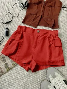 Quần short cargo cạp chun, túi nắp bên hông kiểu Y3K, màu trơn, thích hợp mặc hàng ngày, phong cách lễ hội âm nhạc Y2K. - Đỏ - Xem 4