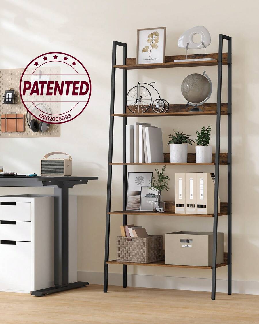 5 Tier Narrow Ladder Shelf For Home Office, Living Room, Bedroom, Kitchen, Industrial, Rustic Brown And Ink Black - Brown - View 1