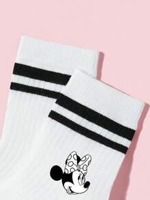 Disney 1/5/10双装儿童/女孩/男孩白色双条纹短袜/踝袜，可爱卡通黑白/蝴蝶结图案，时尚柔软透气吸湿舒适，适合新学期/返校/学生/户外运动/假期礼物 - 白色 - 查看 5