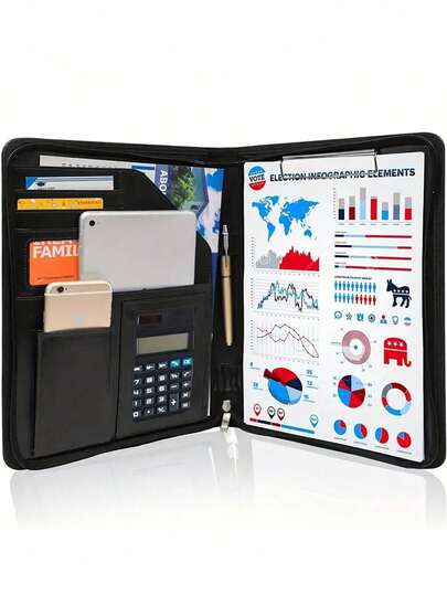 1pc DIY Zippered PU Leather Business Padfolio Notebook With Letter Size Clipboard, A4 Portfolio Binder & Organizer Folder, Interview/Resume Document Organizer With Sleeve Holder (Black), A Great Partner For A Variety Of Occasions And For Easy Matching With All Kinds Of Clothing. Great Gift For A Business Executive And Graduate. Laptop Bag