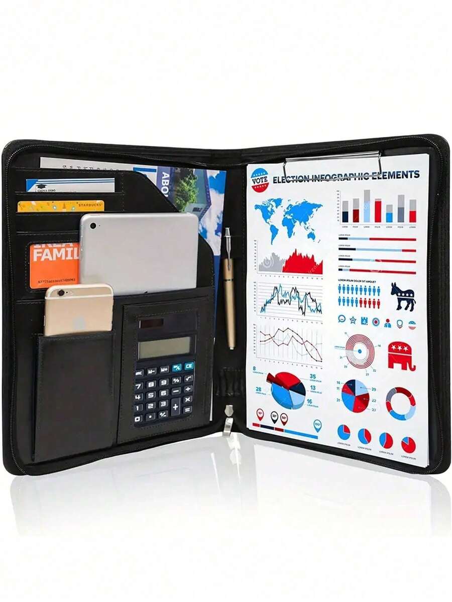 1个DIY拉链PU皮革商务文件夹笔记本，带信纸尺寸写字板，A4文件夹及收纳夹，面试/简历文件整理器，带文件套（黑色），适合各种场合，易于搭配各种服装。是送给商务人士和毕业生的绝佳礼物。 - 彩色 - 查看 1