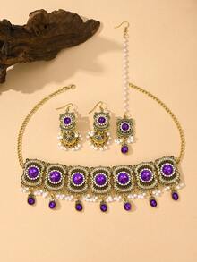 4pcs/Set Vintage Palace Style Purple Jewelry Set, Including Faux Pearl Headpiece, Rhinestone Necklace And Earrings, Suitable For Women's Party Or Wedding, Also An Ideal Valentine's Day Gift - 水滴型幾何項鍊4件套 - 查看 9