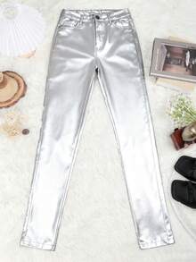 Apperloth A 高腰加絨內裏PU皮革緊身九分長褲 - 銀色 - 查看 5