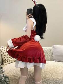 性感内衣圣诞连衣裙新年红色甜美洛丽塔套装可爱纯风锚表演服装包括：发带、颈环、连衣裙和双手袖套。 - 紅色 - 查看 4