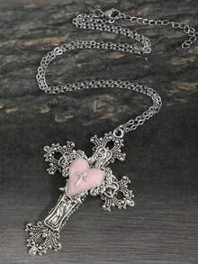 复古哥特式十字架项链，Y2K风格女士项链，不锈钢银链 - 銀色 - 查看 5