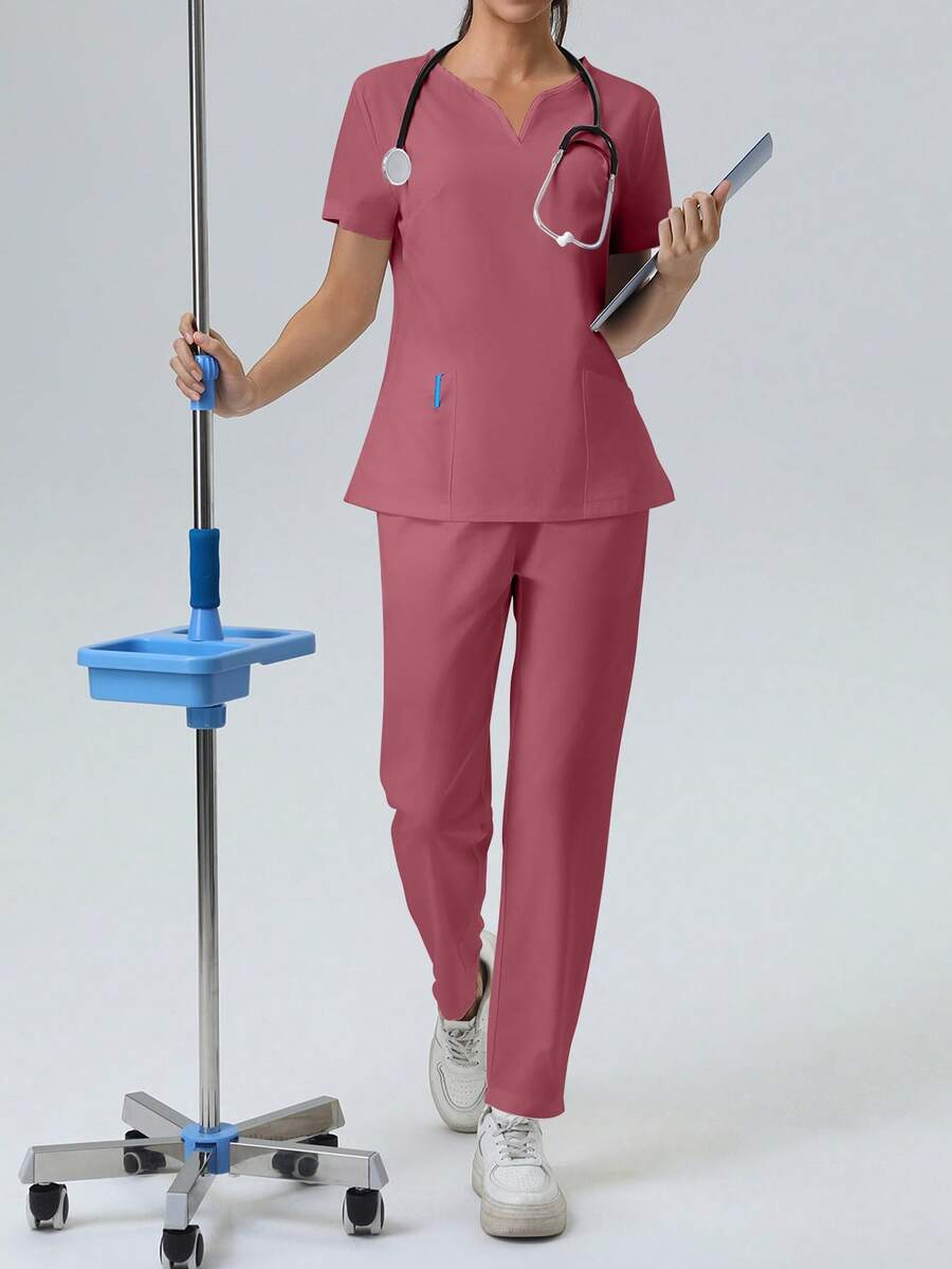 V-Neck Pocket Short Sleeve Top And Pocket Pants Scrub Uniform Set - Coral Pink - View 1