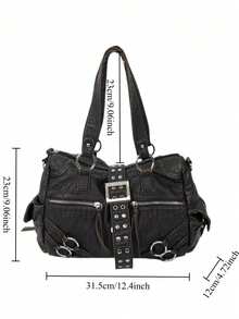 Y2K 街头风女士个性化鳄鱼纹手提包，大容量复古铆钉工艺单肩包，多口袋拼接可拆卸肩带，斜挎包，日常、工作、派对皆宜，是绝佳的节日时尚礼物。 - 黑色 - 查看 2