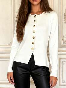 Autumn And Winter Women's Urban Modern Fashion Elegant Business Casual Simple Elegant Small Round Collar Single Row Metal Button Design Slit Long Sleeve Fitted Women's Button Knit Cardigan,Women's Business Casual Sweaters,Women's Going Out Tops,Autumn Women's Cardigans - White - View 1