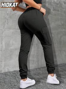 Hidkat Women's Elastic Waist Drawstring Cargo Pants With Large Pockets, Comfortable Casual Trousers, Suitable For Spring And Autumn Black Sports - Black - View 3