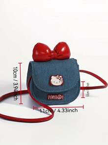 1个Hello Kitty女孩可爱斜挎包，带红色蝴蝶结 - 小号牛仔布化妆包，磁扣开合，可拆卸肩带，适合日常使用或作为礼物，休闲配饰 | 俏皮设计 | 耐用合成衬里，女孩手提包/钱包，时尚