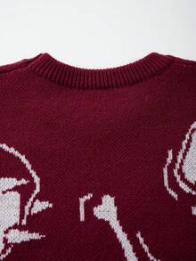 Men's Street Style Dinosaur Print Black Long Sleeve Crew Neck Sweater, Casual Loose Fit Pullover Knitted Top, Suitable For Spring, Autumn, Winter - Red - View 9