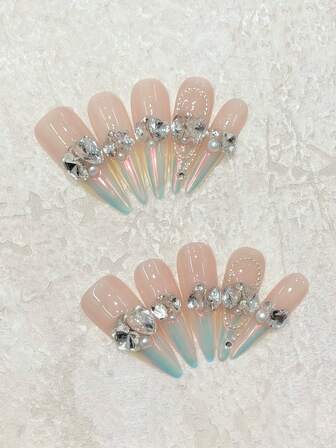 10pcs Teardrop Aurora Magnetic Cat Eye Nail Strips With Rhinestone Chain Decor, Elegant, Slimming, Suitable For Dresses, Workwear, Parties, Dates, Reusable Nail Art Stickers With Mini Nail File