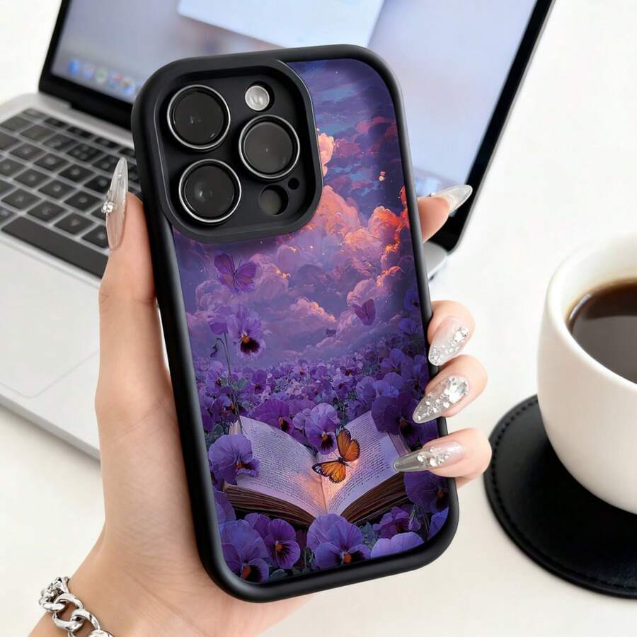 Cubierta de telefono con borde negro y diseño floral púrpura con libro abierto y mariposas para 14 Pro Max ideal para uso diario y regalosCompatible with various and models, this is a popular gift for friends or partners, suitable for business occasions. Duradera, resistente a las manchas y a las huellas dactilares, esta nueva funda para teléfono de hombres y mujeres es un gran regalo. - Negro - Ver 1