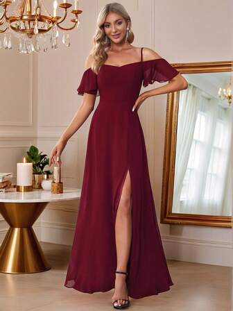 EVERPRETTY Vestido de dama de honor de gasa burdeos con hombros descubiertos y estilo vintage, adecuado para bodas y ceremonias de graduación