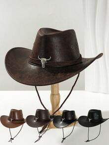 1 件开学季男女款复古风格纯色 PU 皮革帽子，西部牛仔帽带防风绳，适合日常户外穿着和西部牛仔派对音乐节 - 彩色 - 查看 12