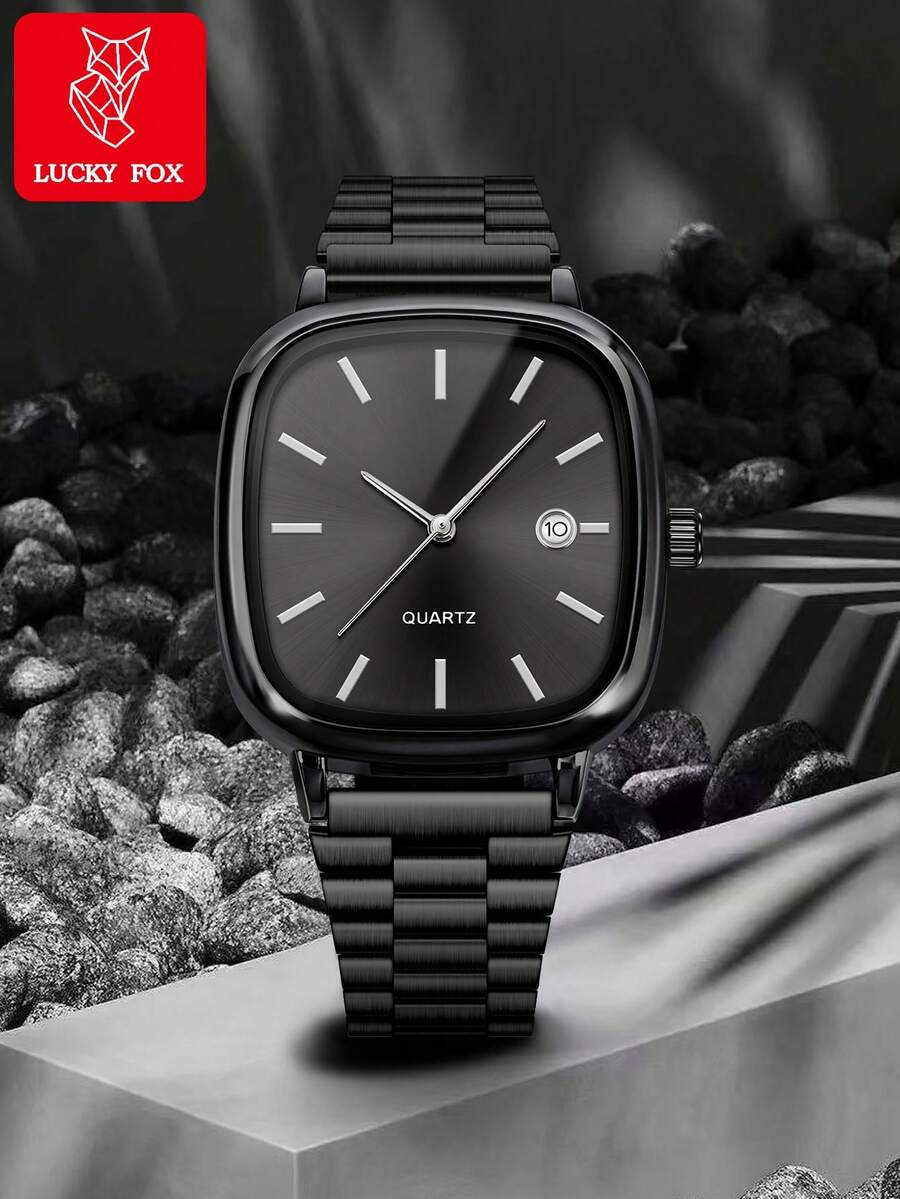 LUCKYFOX 复古简约方形钢带石英表，带日历功能，表盘设计优雅，适合日常通勤和商务场合，圣诞节/礼物之选。 - 黑色 - 查看 1