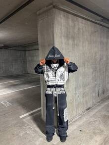 High Street  Hip Hop Street Pants European And American Patch Embroidered Hoodie Design Sense Dark Loose Casual Pants Sweater - áo đen - Xem 1