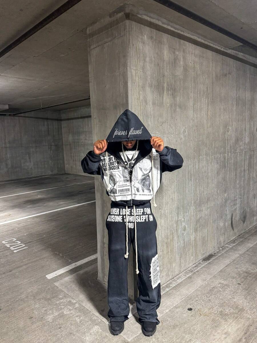High Street Hip Hop Street Pants European And American Patch Embroidered Hoodie Design Sense Dark Loose Casual Pants Sweater - áo đen - Xem 1